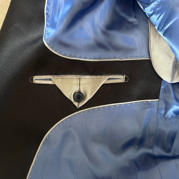 Tazio Italy Blue Textured Velvet Black Shawl Collar Formal Blazer Size 46L - Picture 7 of 11